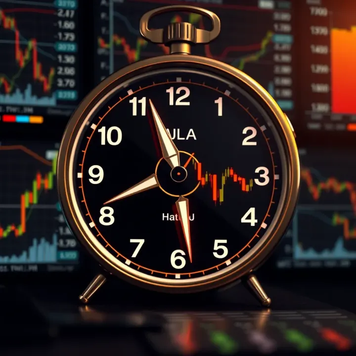Clock with financial charts showing optimal trading times