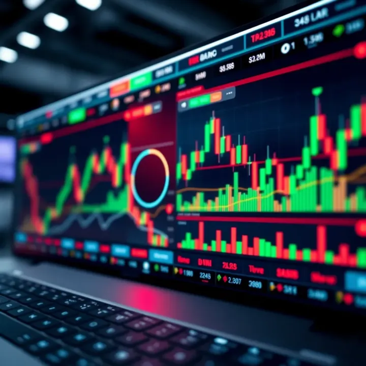 Graph illustrating binary options trading simulation interface with charts and indicators