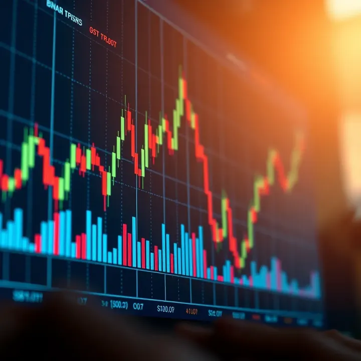 Financial chart displaying binary options market trends with candlestick patterns and fluctuating indicators