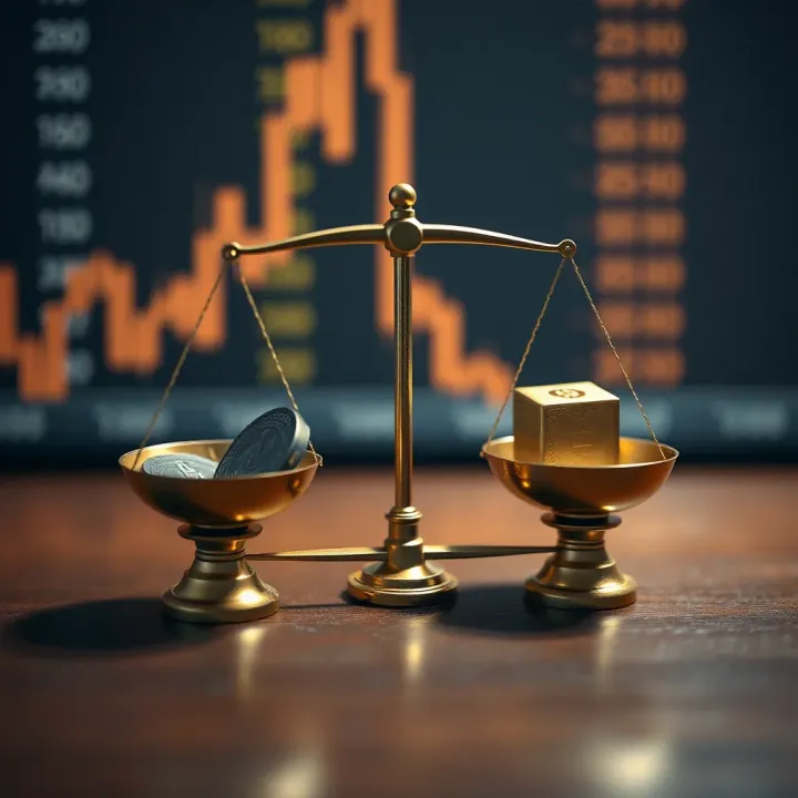 Illustration of risk and reward concept with balance scales and financial symbols
