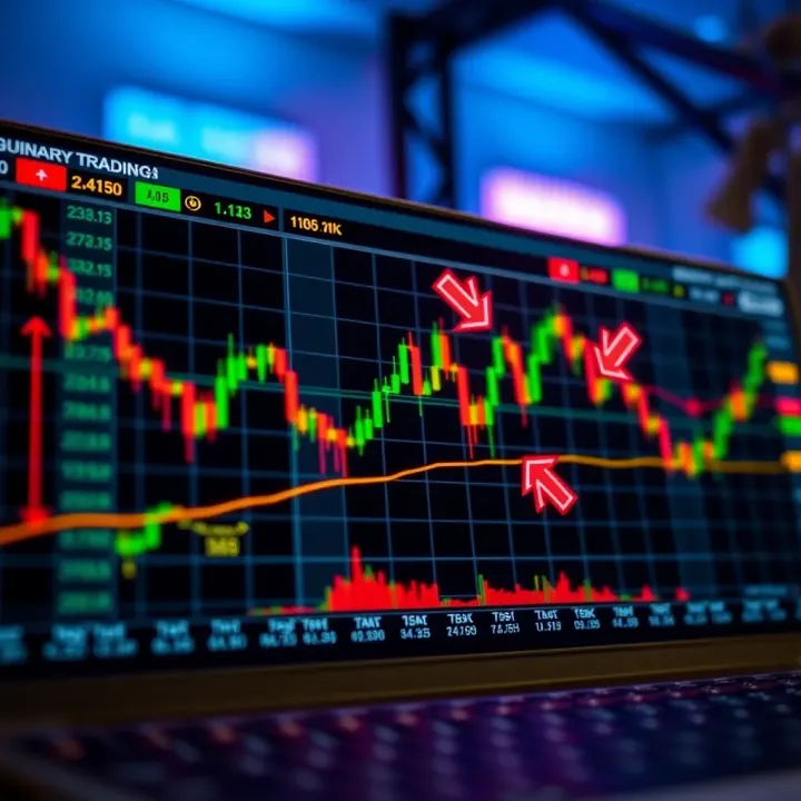Chart showing binary options trading with arrows indicating potential profit and loss zones