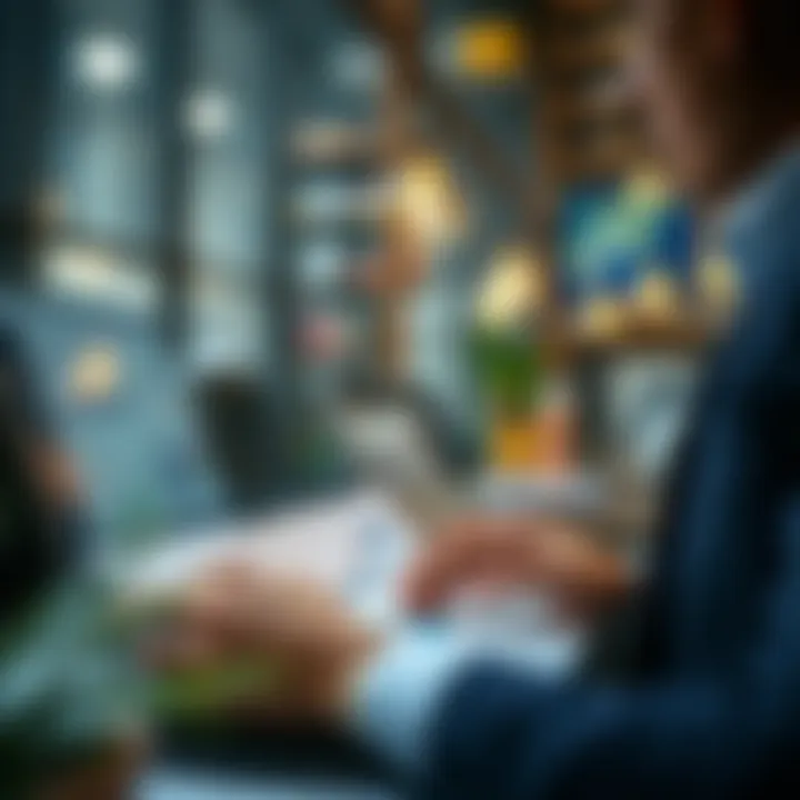 Business professional reviewing market research reports and digital analytics on a laptop