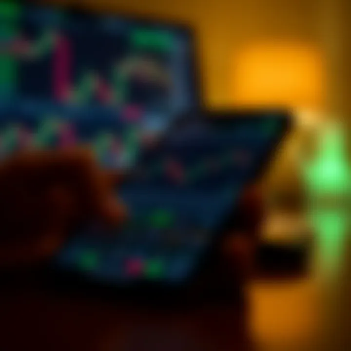 Mobile device displaying a user interface of a day trading application with financial charts and trading options