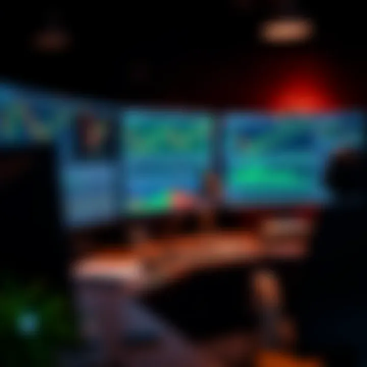 Desk setup with multiple screens displaying stock trading graphs and risk management tools