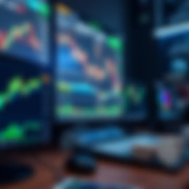 Illustration showing a simulated financial trading platform with charts and virtual currency balances