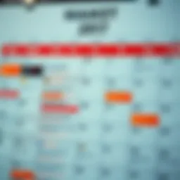 Calendar displaying various economic events and market indicators highlighted for trader reference