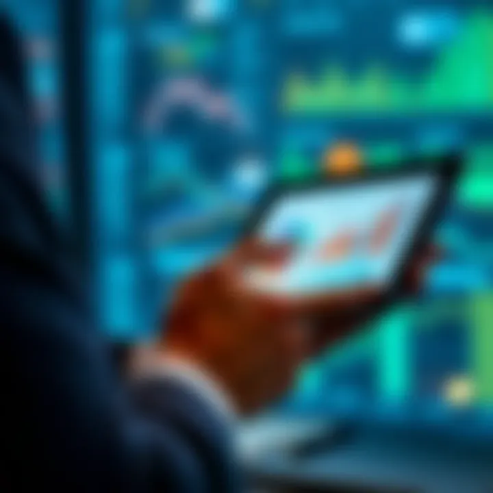 Business professional analyzing charts and graphs on a digital tablet to assess market competition