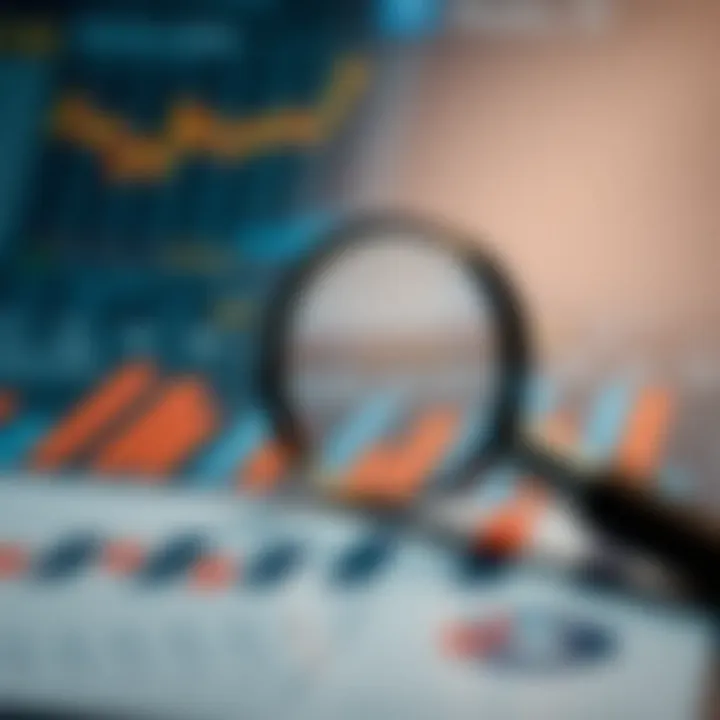 Illustration of market data analysis charts and graphs with magnifying glass