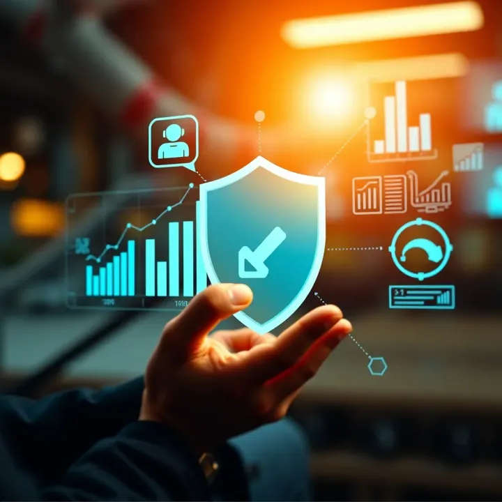Illustration of a business protecting assets with charts and technology symbols indicating risk assessment