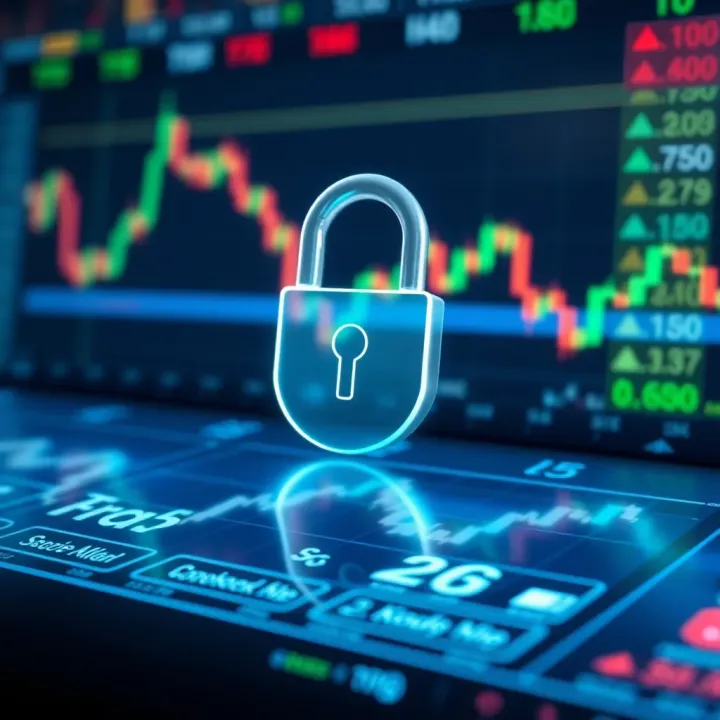 Security Features in Day Trading Platforms for Safe Transactions Secure digital lock symbol overlaid on financial market graphs representing platform security