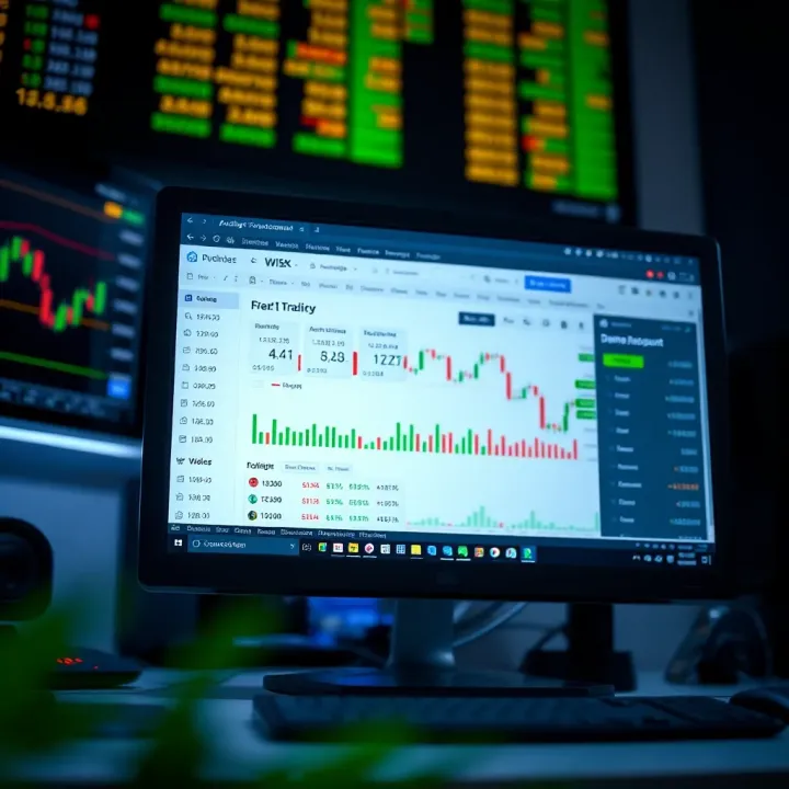 Computer screen showing a trading platform interface with an organized demo account dashboard