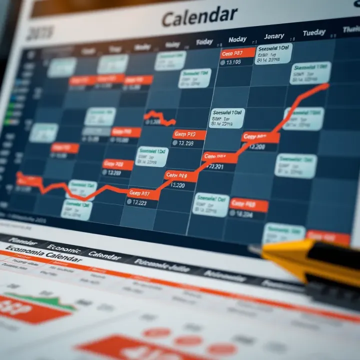Detailed view of an economic calendar showing various financial events and indicators for global markets