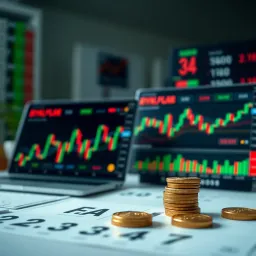 Illustration of binary options trading concepts with charts and financial symbols