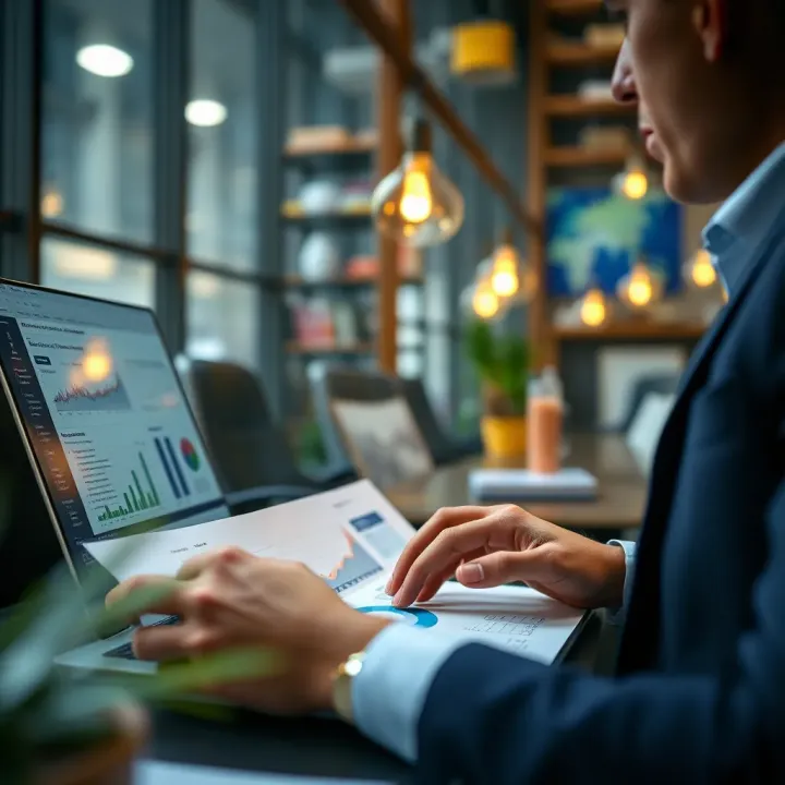 Applying Ready Market Analysis for Informed Business Decisions Business professional reviewing market research reports and digital analytics on a laptop