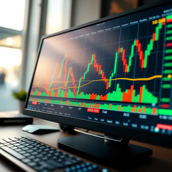 Graph showing stock market trends on computer screen with financial charts and data