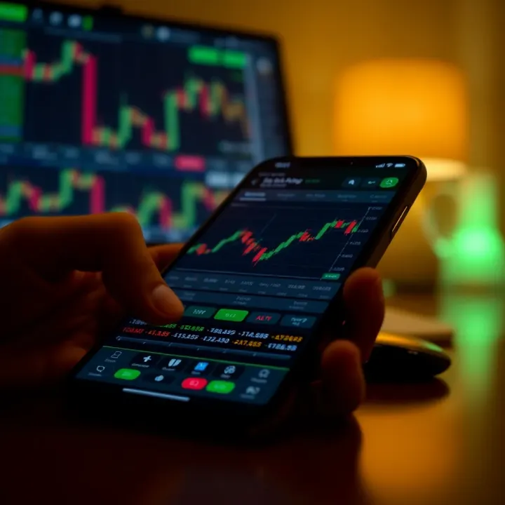 Mobile device displaying a user interface of a day trading application with financial charts and trading options