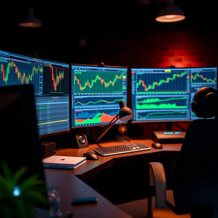 Effective Routine and Risk Management in Day Trading Desk setup with multiple screens displaying stock trading graphs and risk management tools