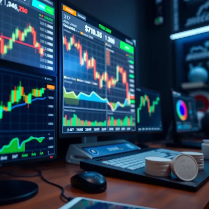 Illustration showing a simulated financial trading platform with charts and virtual currency balances