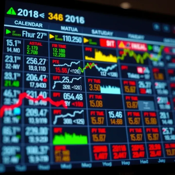 Economic calendar displaying various financial indicators and dates for upcoming market events