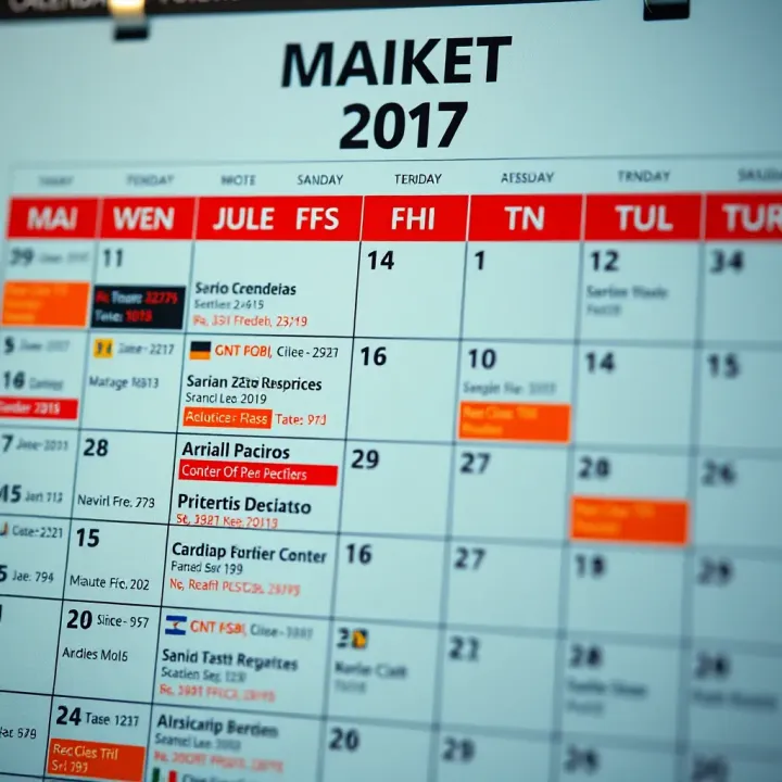 Calendar displaying various economic events and market indicators highlighted for trader reference