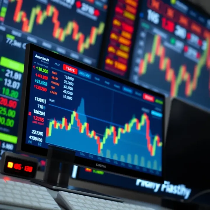 Financial news headlines displayed on a digital screen with stock market charts in the background