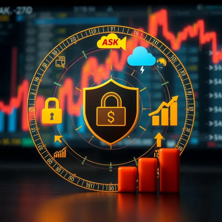 Illustration of investment strategies and risk management in binary options trading with icons representing security and growth