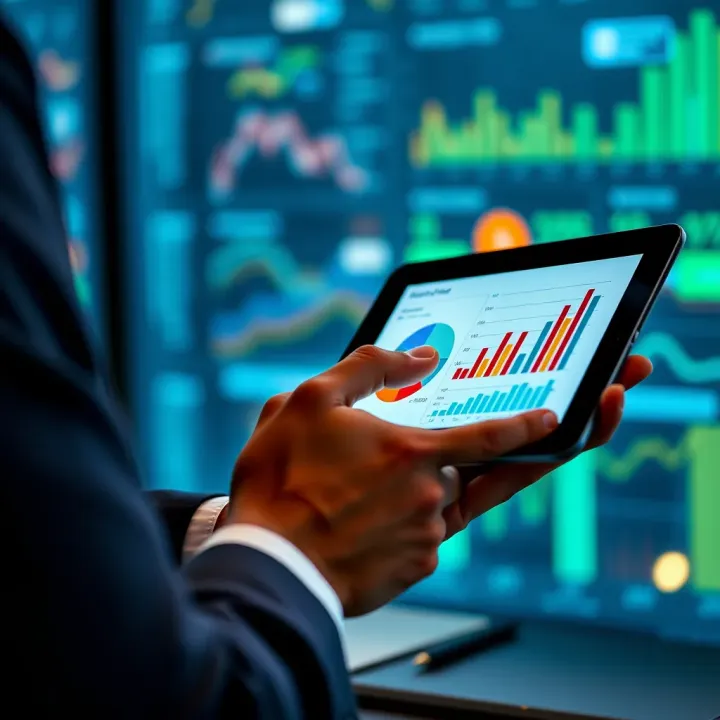 Business professional analyzing charts and graphs on a digital tablet to assess market competition