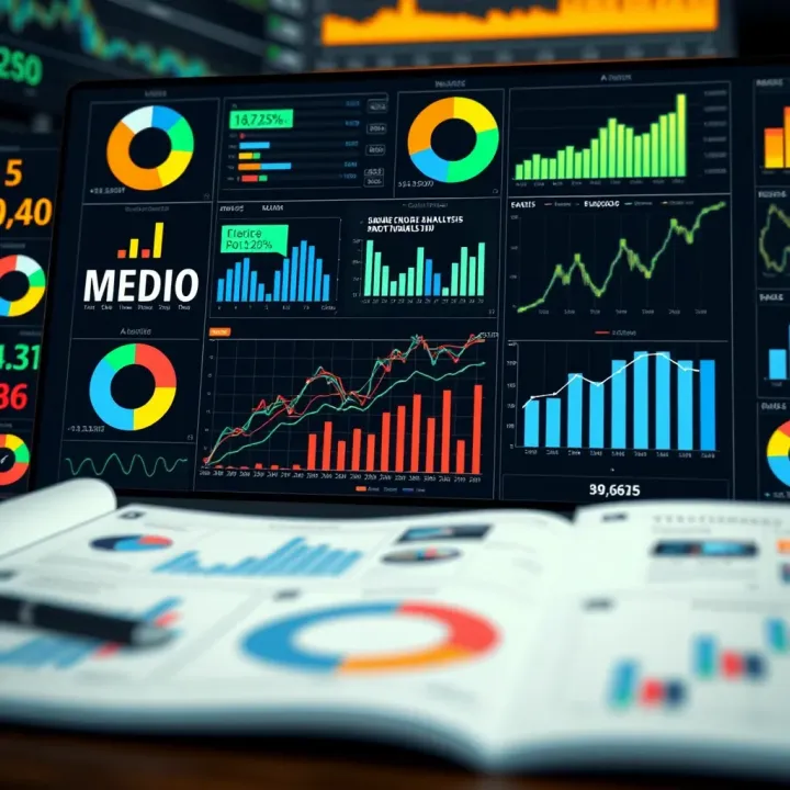 Graphic displaying market analysis concepts with diverse charts and data representations