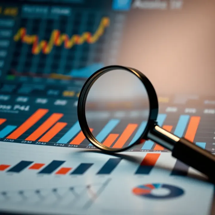 Illustration of market data analysis charts and graphs with magnifying glass