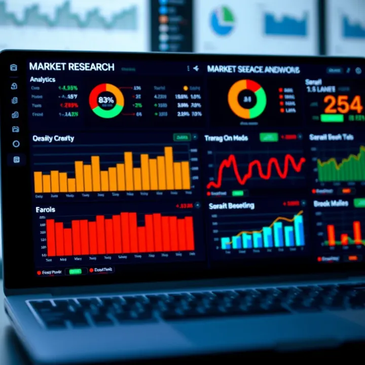 Digital dashboard displaying market research data and analytics charts
