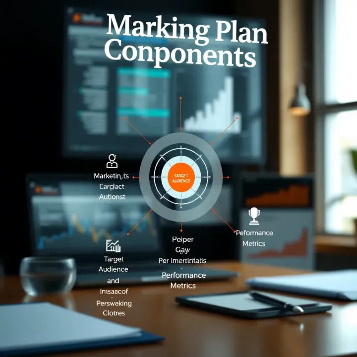 Visual representation of marketing plan components highlighting target audience, strategies, and performance metrics