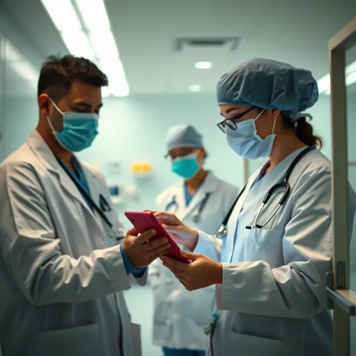 Hospital staff reviewing safety protocols on digital tablet in clinical environment