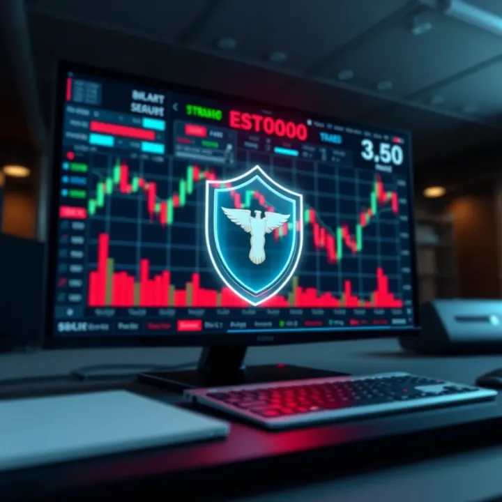 Illustration of a secure trading environment with charts and a shield symbol
