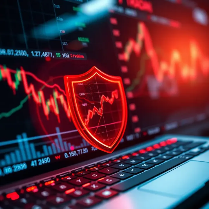 Conceptual illustration of secure online trading with digital shield and financial graphs