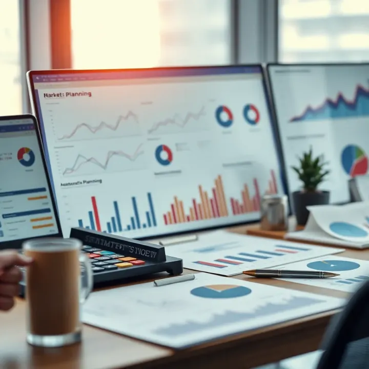 Strategic Market Planning Using Analytical Tools and Charts Various business charts and strategic planning tools displayed on a modern workspace