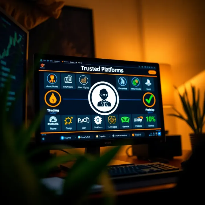Illustration of a computer screen displaying trusted investment platforms with safety icons