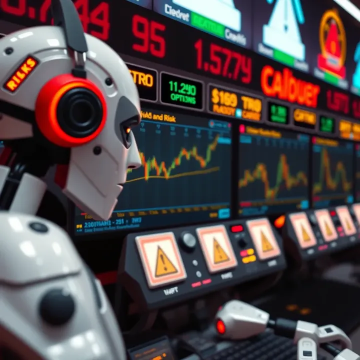Illustration showing automated binary options trading system with warning signs indicating potential risks